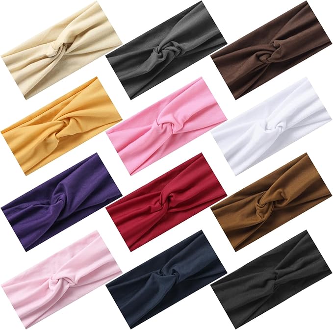 Stretchy Wide Headbands for Women - 12 Pcs Non Slip, Absorbed Sport Headband Soft Twist Knotted Headbands for Daily Life Yoga Workout(12 Color3)