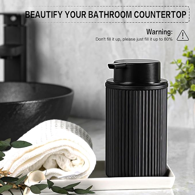 Matte Black Foaming Soap Dispenser, 2 Pack Ribbed Glass Foam Hand Soap Dispenser for Bathroom, Refillable Foaming Pump Bottle with Black Pump, Modern Dish Soap Foam Dispenser