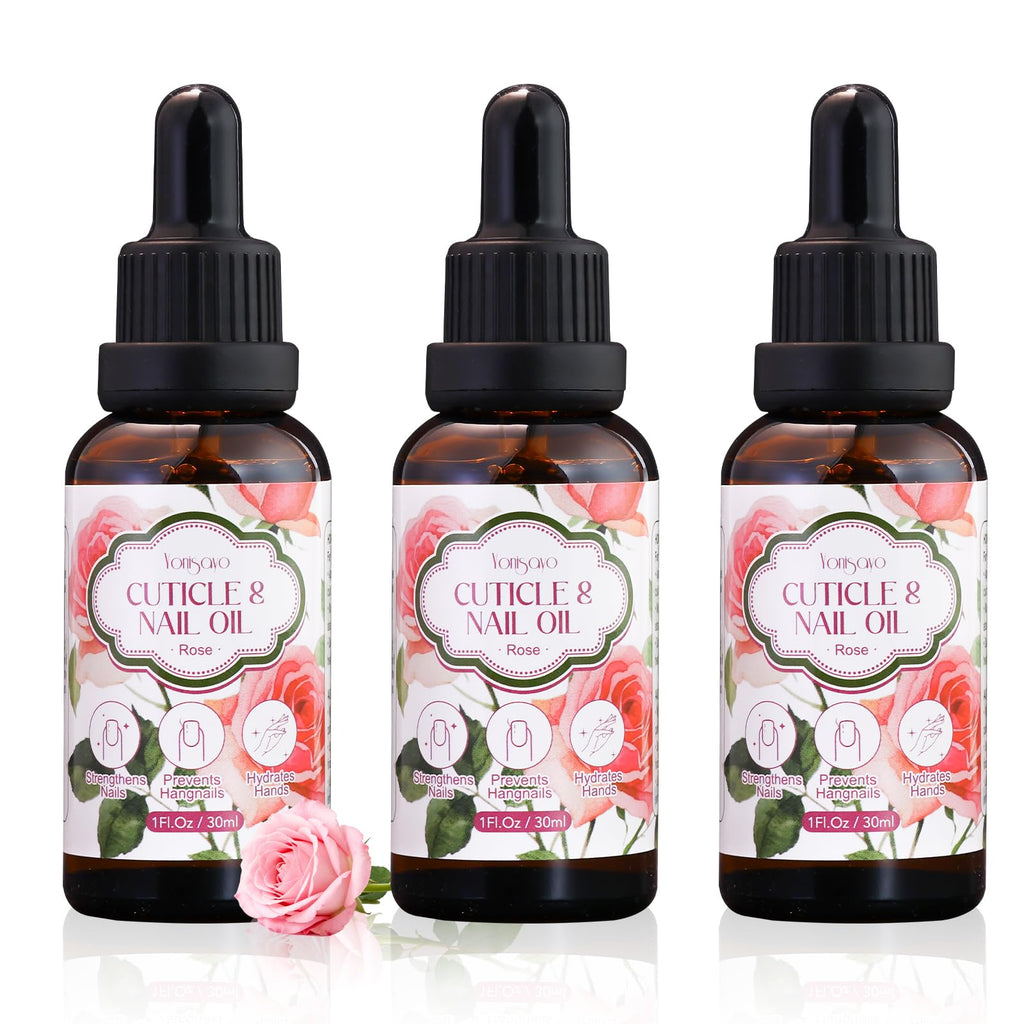 yonisayo 3 in 1 Cuticle Oil, 3 Pack Rose Nails Care Oil to Strengthen Brittle Nails, Hydrate Dry Cuticles & Soften Hands, Fast-Absorbing