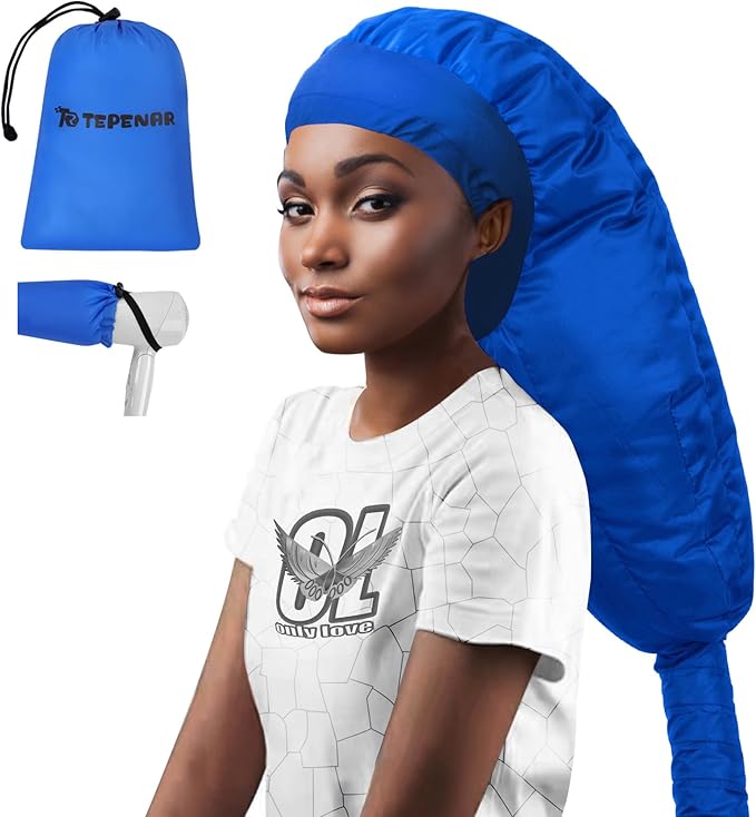 TEPENAR Hair Dryer Bonnet Attachment: Upgraded Extra Large Hooded Dryer Adjustable Hair Dryer Caps - Easy to Use for Natural Curly Textured Hair Care Styling Fast Drying - Blue