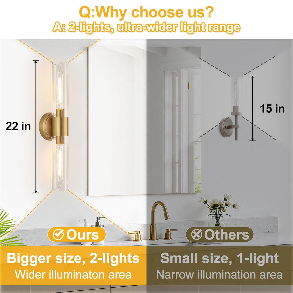Meybiok Wall Sconces Set of Two, Brushed Gold Bathroom Sconces Wall Lighting with Clear Glass, Hardwired Modern Sconces Wall Decor Set of 2 for Bathroom Mirror Bedroom Living Room Hallway