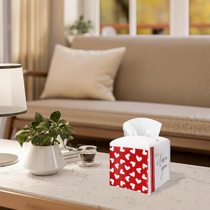 Red Heart Design Tissue Box Cover - I Love You PU Leather Waterproof Tissue Holder - Valentine's Day Facial Paper Organizer for Home Bathroom Office -Desk Valentines Day Decorative Dispenser Box-B08