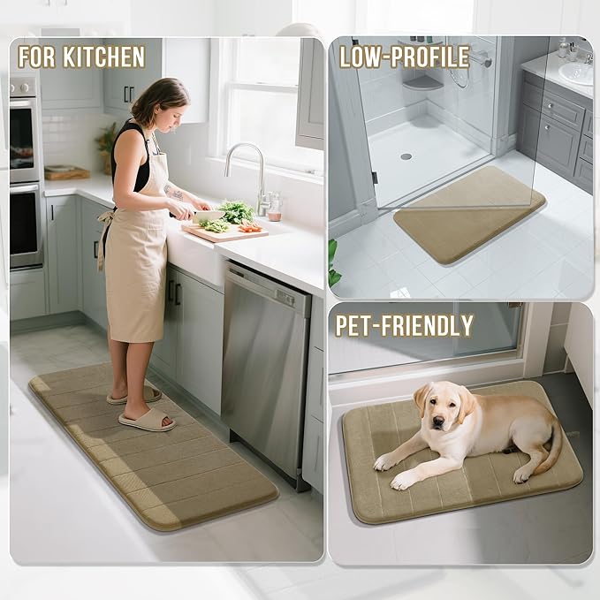 Yimobra Memory Foam Bath Mat Set 2 Piece - Super Soft Absorbent Quick Dry Bathroom Toilet Rugs, Machine Washable Non Slip Floor Carpet for Tub Shower & Single Sink (31.5x20 & 24x20, Pale Khaki)