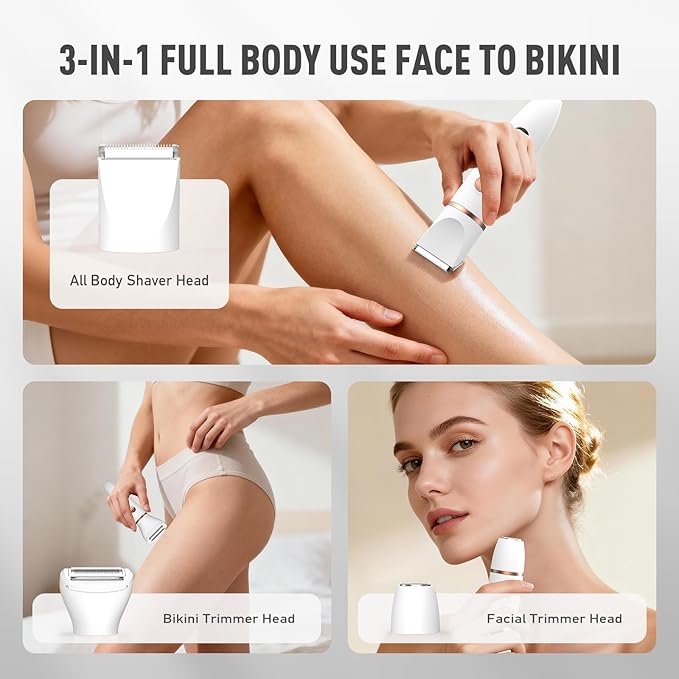 Bikini Trimmer for Women, 3-in-1 Electric Razors for Women, IPX7 Waterproof Rechargeable Cordless Pubic Hair Shaver, with LED Display, for Ladies Bikini Pubic, Face, Underarms, Legs(White)