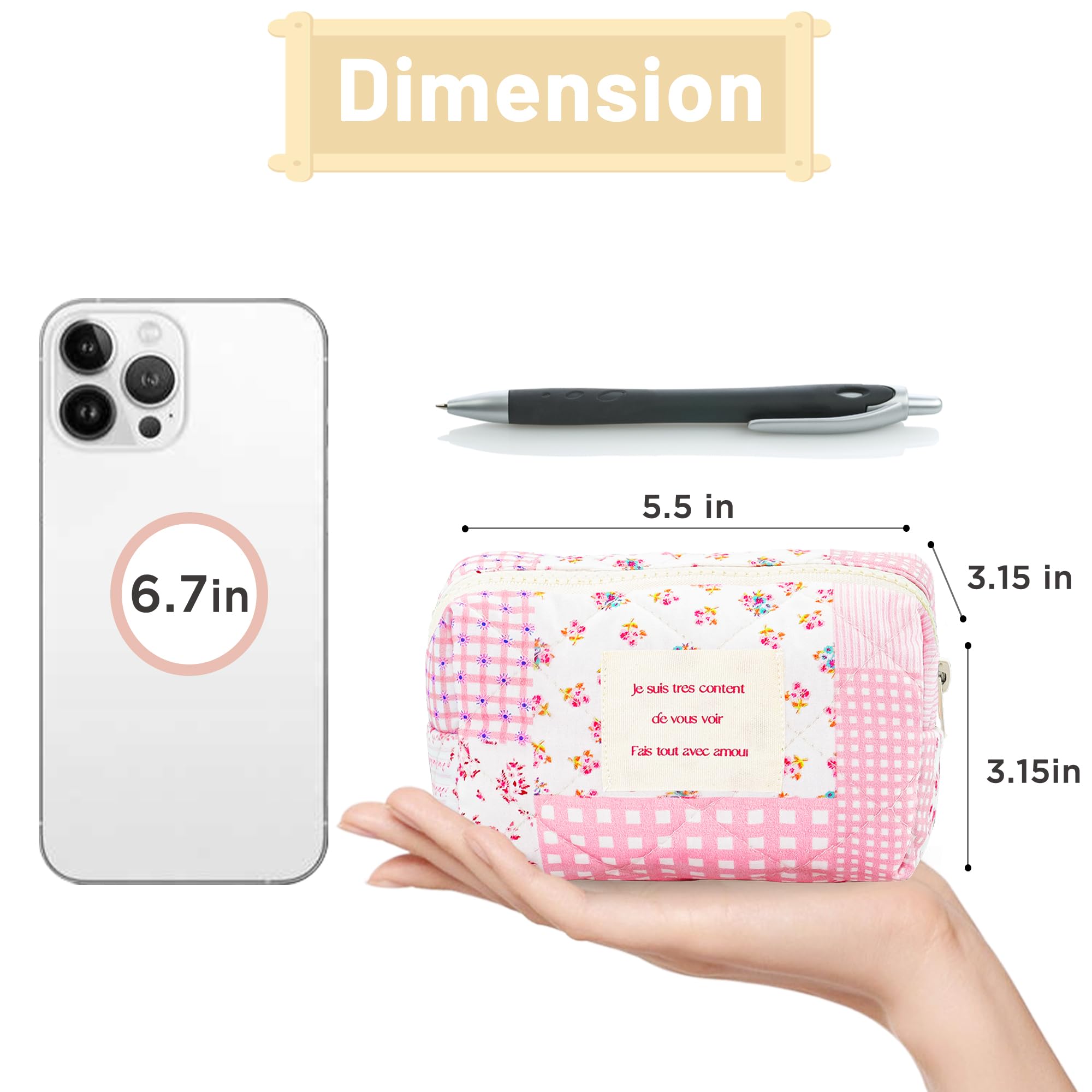 Sminra Small Quilted Makeup Pouch, Floral Cotton Cosmetic Bag for Purse, Cottagecore Zipper Pouch Organizer for Daily Essentials, Soft Mini Toiletry Pouch, Pink Floral-S