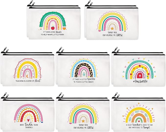 Yahenda 16 Pcs Graduation Canvas Makeup Bags Bulk for Women Appreciation Inspirational Gifts Cosmetic Zipper Pencil Pouch Travel Toiletry Bag for Teacher Birthday Mother's Day(Teacher)