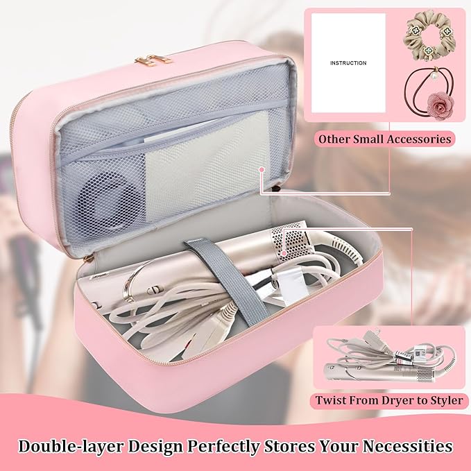 Sambois Travel Carrying Case for Shark Flex Style, Double Layer Storage Case for Shark SpeedStyle Hair Dryer Attachments, Waterproof PU Leather Organizer Bag for Shark Flexstyle Airwrap Styler (Pink)
