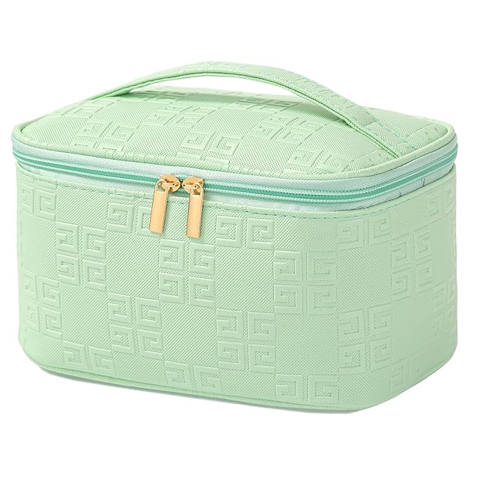 Meiyuuo Travel Makeup Bag for Women, PU Leather Cosmetic Bag, Light Green