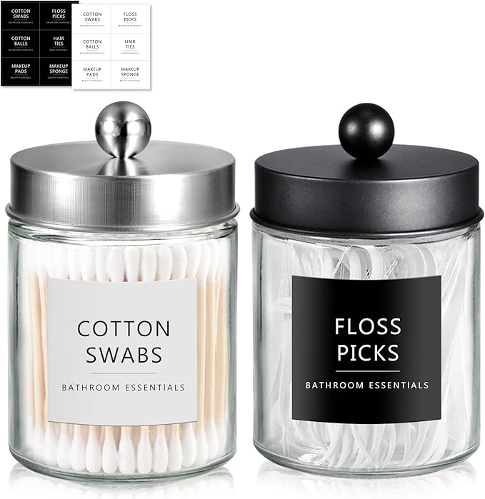 SheeChung 2-Pack Qtip Holder Dispenser - Glass Apothecary Jars with Rust-Proof Stainless Steel Lids - Modern Farmhouse Bathroom Vanity Organizer for Cotton Swabs, Balls, Pads(Black&Brushed Nickel)