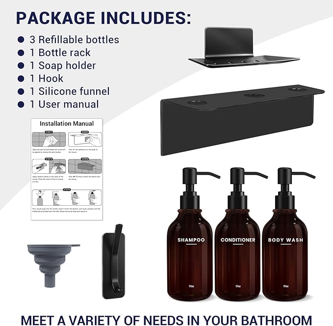 KLL Shampoo and Conditioner Dispenser - Wall Mounted Shower Soap Dispenser - 17oz No-Drill Refillable Plastic Pump Bottles for Bathroom - Includes Soap Dish & Hook (Brown)