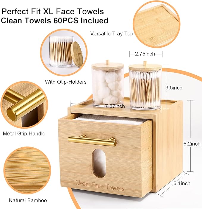BSSN Face Towel Holder Bamboo Disposable Clean Towels Holder with Cotton Swab Box and 60ct Towels, Wall Mounted & Countertop Skincare Organizer, Bathroom Vanity Storage for Face Tissues & Makeup Pads