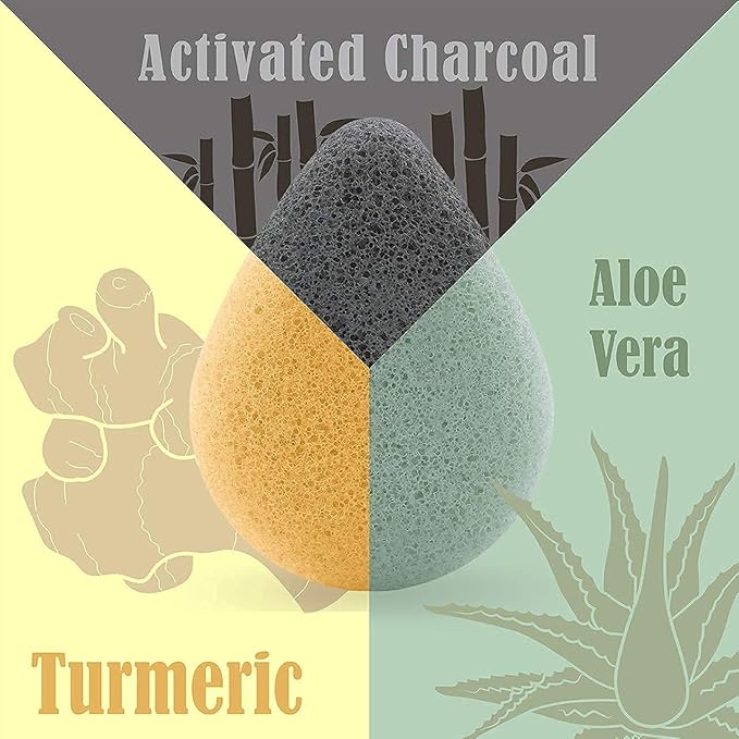 myHomeBody Natural Konjac Facial Sponges – Teardrop Shape - for Gentle Face Cleansing and Exfoliation - with Activated Charcoal and Turmeric Yellow, Set of 4