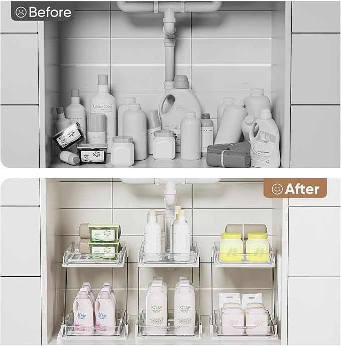 AUGBEAN 2 Pack Bathroom Organizers and Storage - Multi-Purpose,2-Tier Clear Pull Out Organization for Bathroom,Under Sink,Kitchen,Vanity,Countertop,Cabinet,Pantry & Medicine Cabinet,White