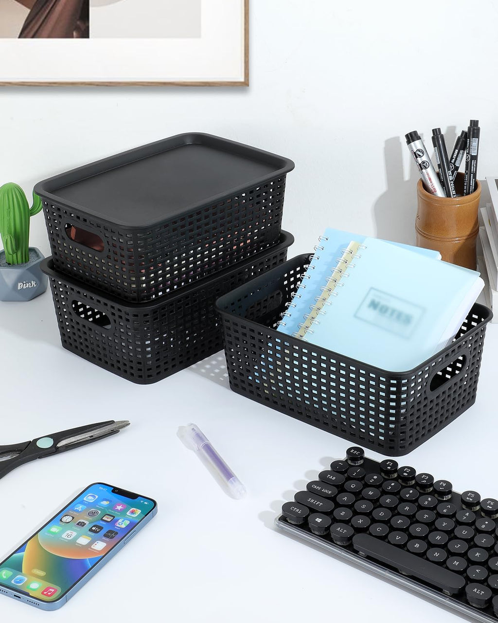 Storage Bins Plastic Storage Baskets With Lid Small Baskets for Organizing Stackable Storage Container Organizer Bins for Shelves Drawers Desktop Playroom Classroom Office, 6 Pack,Black