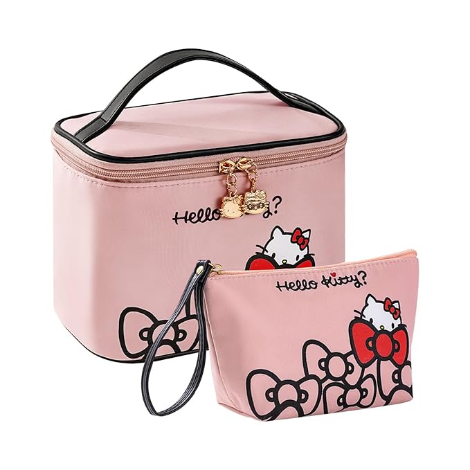 Vimanllie Travel Makeup Bag Large Cosmetic Bags with Brush Holder,Pink Waterproof 2PCS Portable Cosmetic Case for Women,Toiletry Bag for Skincare&Beauty Tools for Her