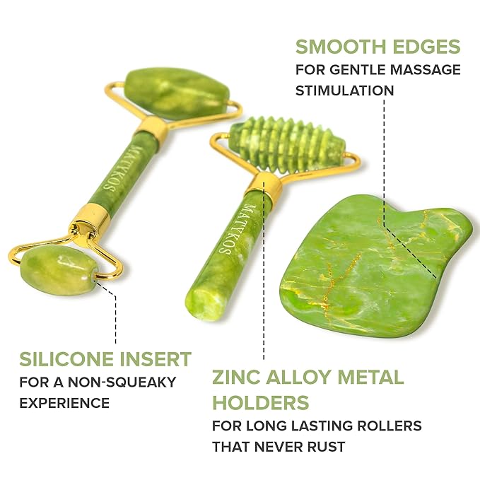 Matykos Jade Roller for Face and Gua Sha Set - 2 Anti-Aging Facial Rollers and Gua-Sha Facial Tool - Face and Body Massager for Your Skincare Routine - Massage Tools for Wrinkles and Lifting