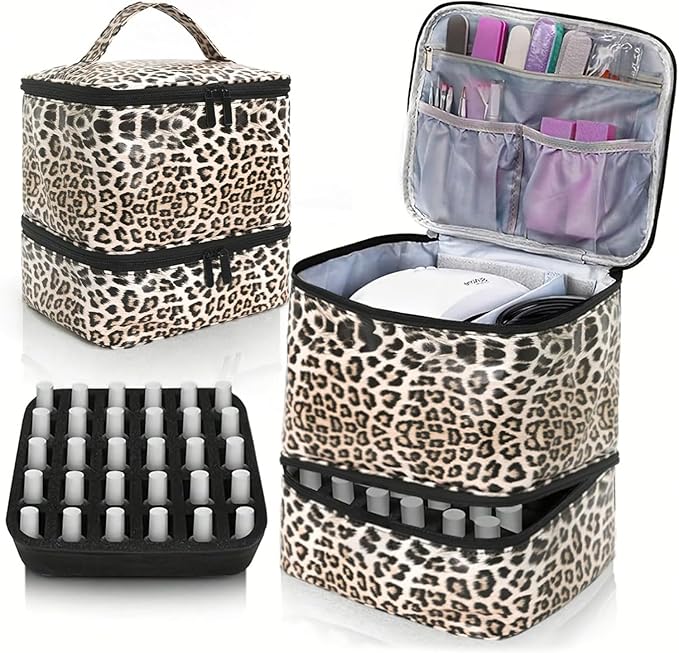 hibear Nail Supplies Organizer Nail Polish Storage Holds 30 BottlesNail Polish Storage Holds 30 Bottles Nail Kit Case Makeup Bag Vanity Case for Women (leopard)