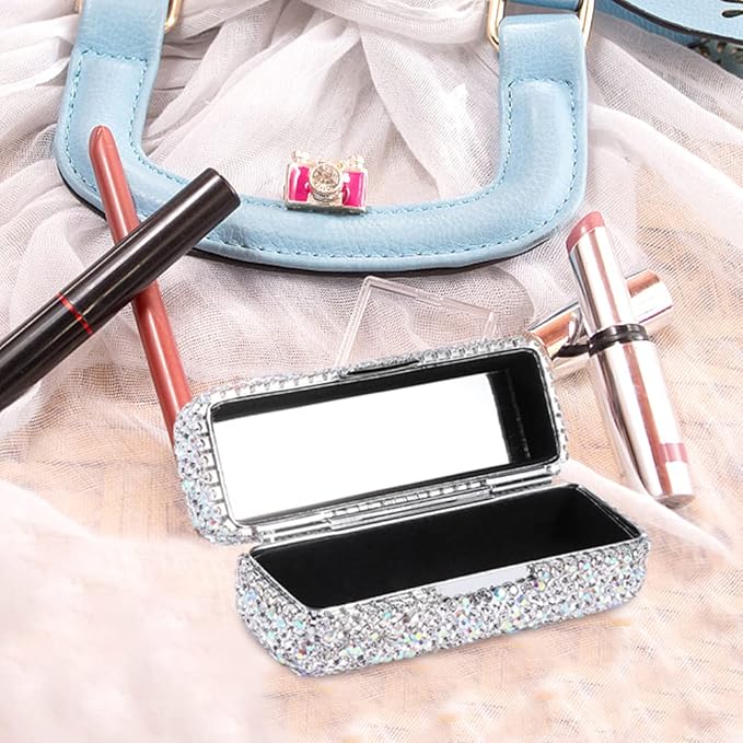 FuGuiHui Rhinestone Lipstick Case with Mirror Bling Crystal Lipstick Case 3.44x1.12x1.2in Diamonds Makeup Cosmetic Storage Box Holder for Purse(COLOR:White)