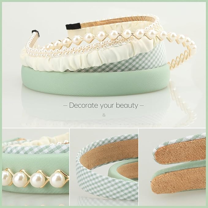 DOXISHRUKY Fashion Headbands for Women Teen Girls Headbands Set, 5pcs Pearl Headband Floral Head bands Padded Headbands for Women Vintage Wide Headband (Green)