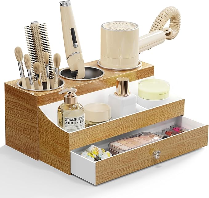 GFWARE Hot Hair Styling Tool Organizer with Drawer & 3 Cooling Cups, Wood