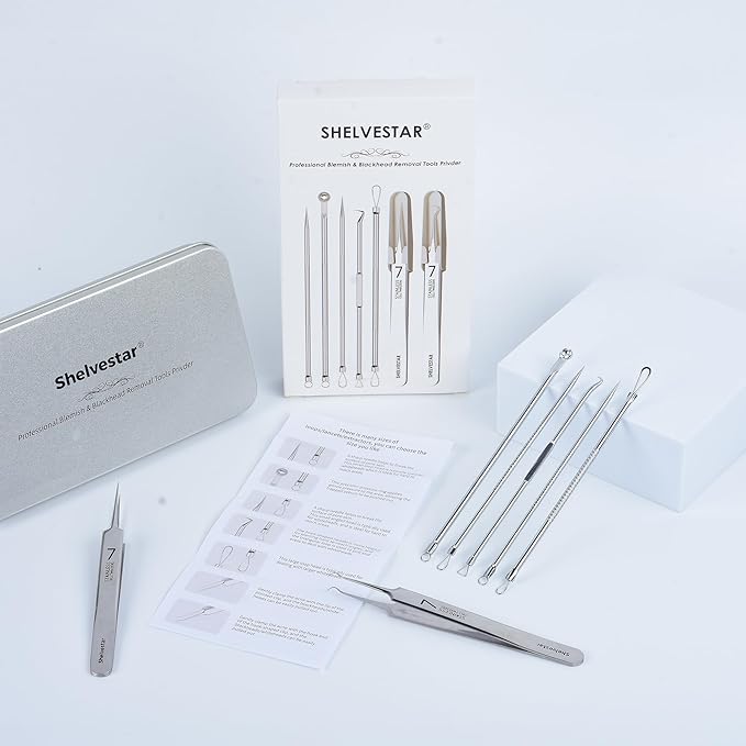 Shelvestar 7 PCS Pimple Popper Tool Kit, Blackhead Extractor Silver