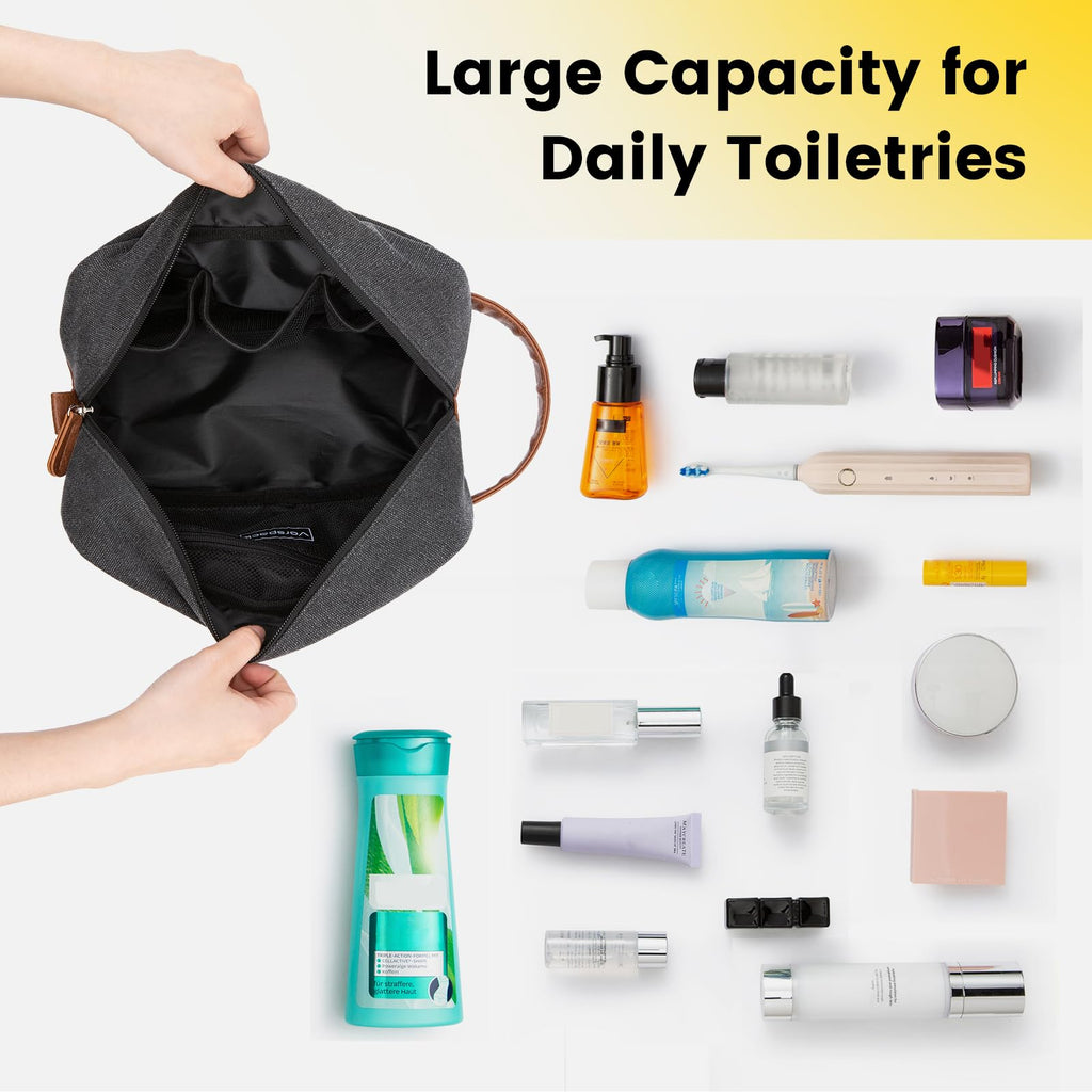 Vorspack Travel Toiletry Bag - Hanging Toiletry Bag for Men Water Resistant Canvas Shaving Bag with Large Capacity for Travel - Dark Grey
