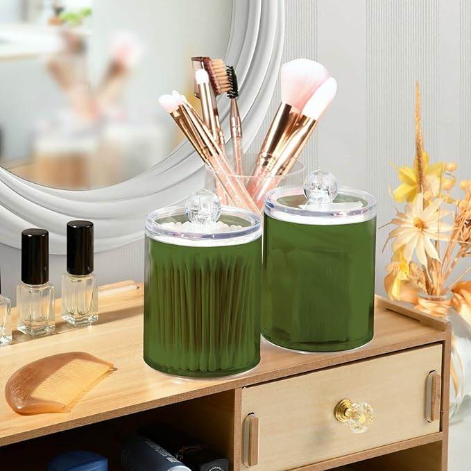 Dark Olive Green Qtip Holder Organizer Dispenser Cotton Swabs Cans Plastic Jars with Lid Set 4 Pack Bathroom Storage Canister for Cotton Ball Floss Cotton Pads
