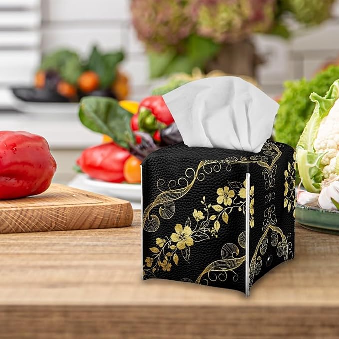 Black Marble Flower Tissue Box Holder Stylish Leather Square Tissue Box Cover with Top Handle Waterproof Napkin Case Holder Home Office Bathroom Decor