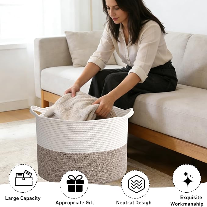65L Large Blanket Basket,19.7" L x 19.7" W x 13" H Rope Woven Baskets with Handles, Toys Storage Bins,Laundry Basket Perfect for Living Room, Nursery,Bedroom,Home Organization,White&Brown