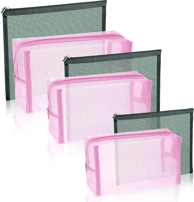 Boao 6 Pieces Mesh Makeup Bags Mesh Cosmetic Bag Portable Travel Organizing Zipper Pouch Toiletries Makeup Pouches for Home Office Travel Accessories (Green and Pink)