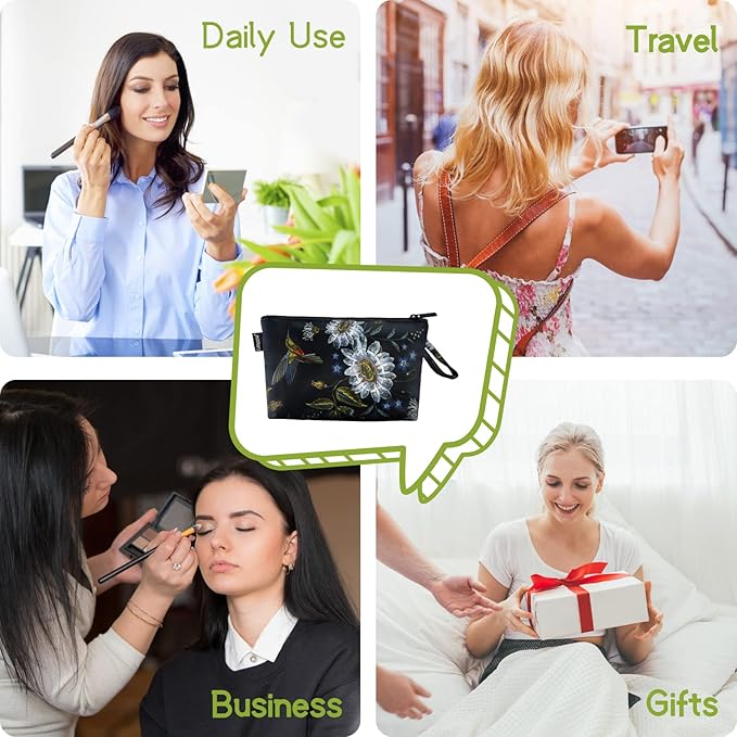 Gloppie Small Makeup Bag for Purse, Make Up Pouch, Zipper Travel Cosmetic Bag, Portable Mini Toiletry Bag, Travel Essentials for Women Hummingbird Daisy