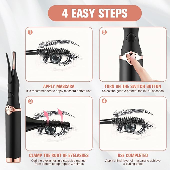 Heated Eyelash Curler, Mini Electric Eyelash Curler, Portable Makeup Electric Eyelash Curling, USB Rechargeable Finalize Eyelash Tool Beauty Tools for Women (White)