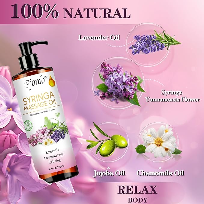 Pjordo 2 Pack Massage Oil for Massage Therapy, Lilac Oil, Lavender Massage Oil for Skin, with Massage Roller Ball, Natural Body Oil for Calming, Aromatic, Soothing, Spa Gift Set for Him Her