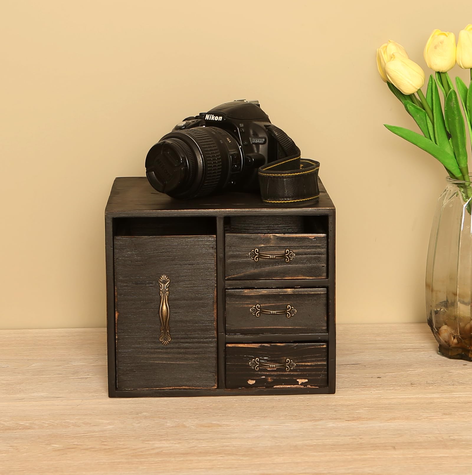 Juleduo Rustic Beauty Organizer 4 Drawers - kitchen storage Wooden Cosmetic Storage Box for Neat & Home Office Desk &Organize &Storing of Makeup Tools,Bathroom Counter-top(Black, L)