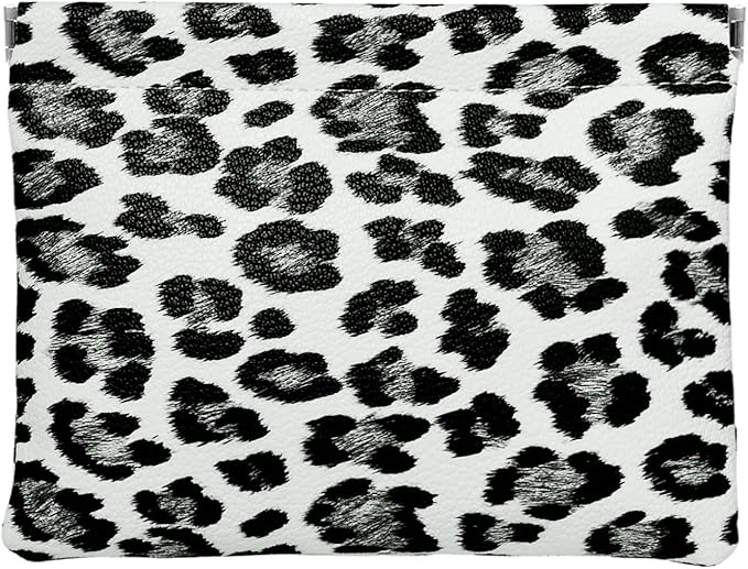 Ksriylm Leopard Leather Small Makeup Pouch for Women,Cosmetic Accessories,Waterproof and Portable Cosmetic Bag,Self-closing, No Zipper, Aesthetic Storage Pouch,Lipstick for Purse,White Black
