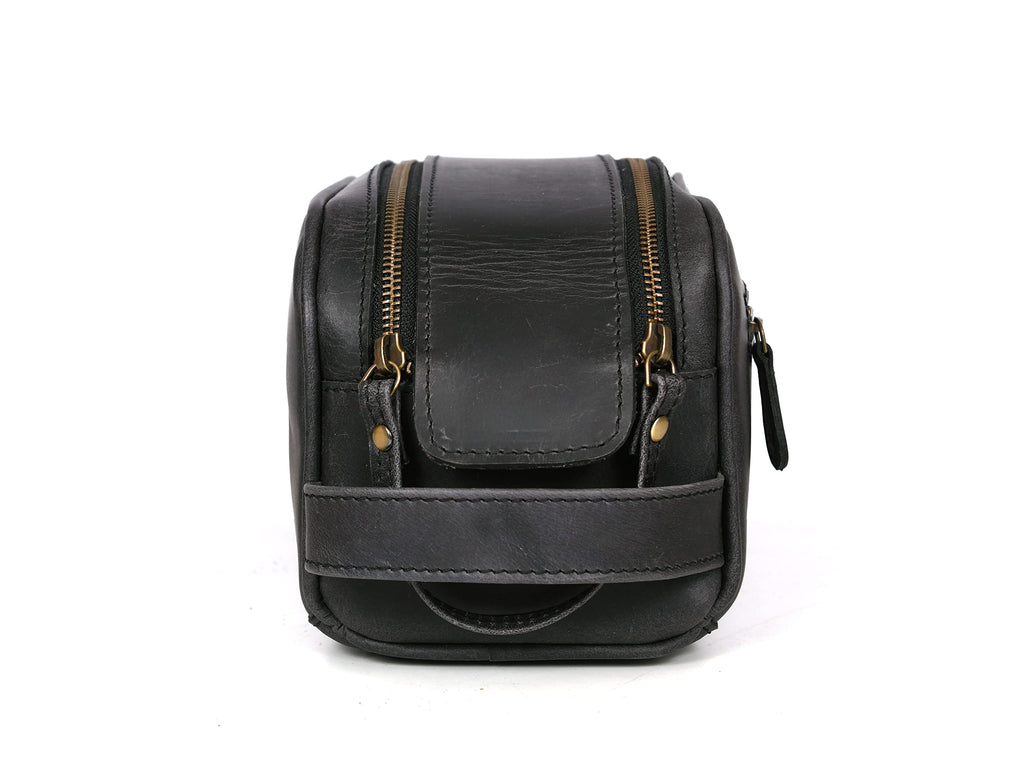 10" Premium Leather Toiletry Travel Pouch With Waterproof Lining Black Color | King-Size Handcrafted Vintage Shaving Kit By Aaron Leather Goods (Florida Black)