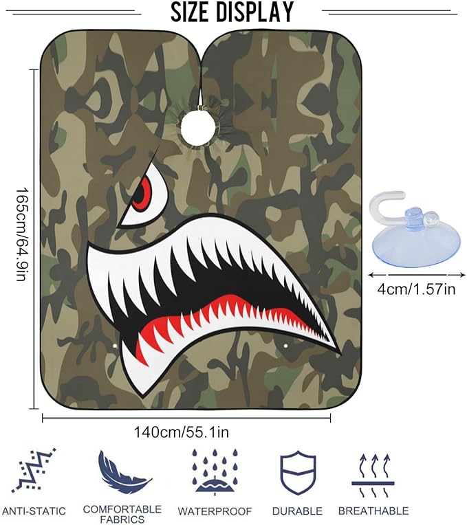 visesunny Barber Cape Flying Tiger Shark Camouflage Polyester Hair Cutting Salon Cape Apron Anti-Static Haircut Shaving Cloth Beard Shaving Bib Hairdressing Cape
