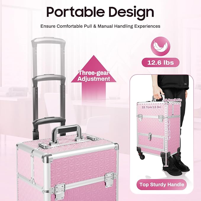 GUEYYSAN Rolling Makeup Case, Nail Storage Box with Wheels Portable Makeup Trolley for Beauty Studio Hairdressers Nail Technician (Pink)