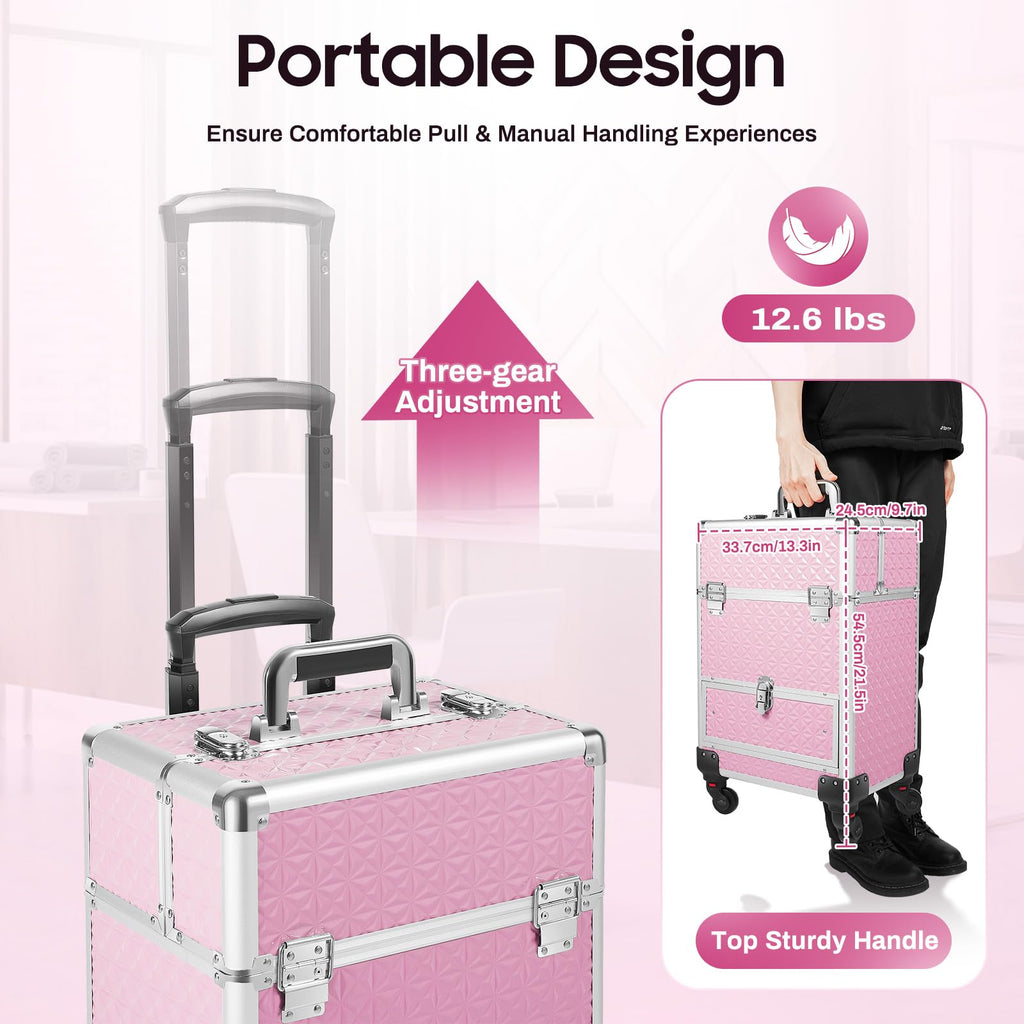Fronimo Pink Rolling Makeup Case with 4 Trays and Large Drawer Nail Travel Case on Wheels for Professional Stylists Portable Beauty Organizer