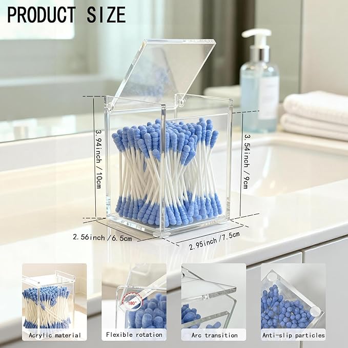 Dealpoli Clear Acrylic Qtip Holder with Lid, Cotton Balls Swab Organizer, 2.95" x 2.56" x 3.94" Dispenser for Makeup Pad, Floss Picks, Bath Salts, Cosmetic Storage Case, Home Bathroom Decor (DP058)
