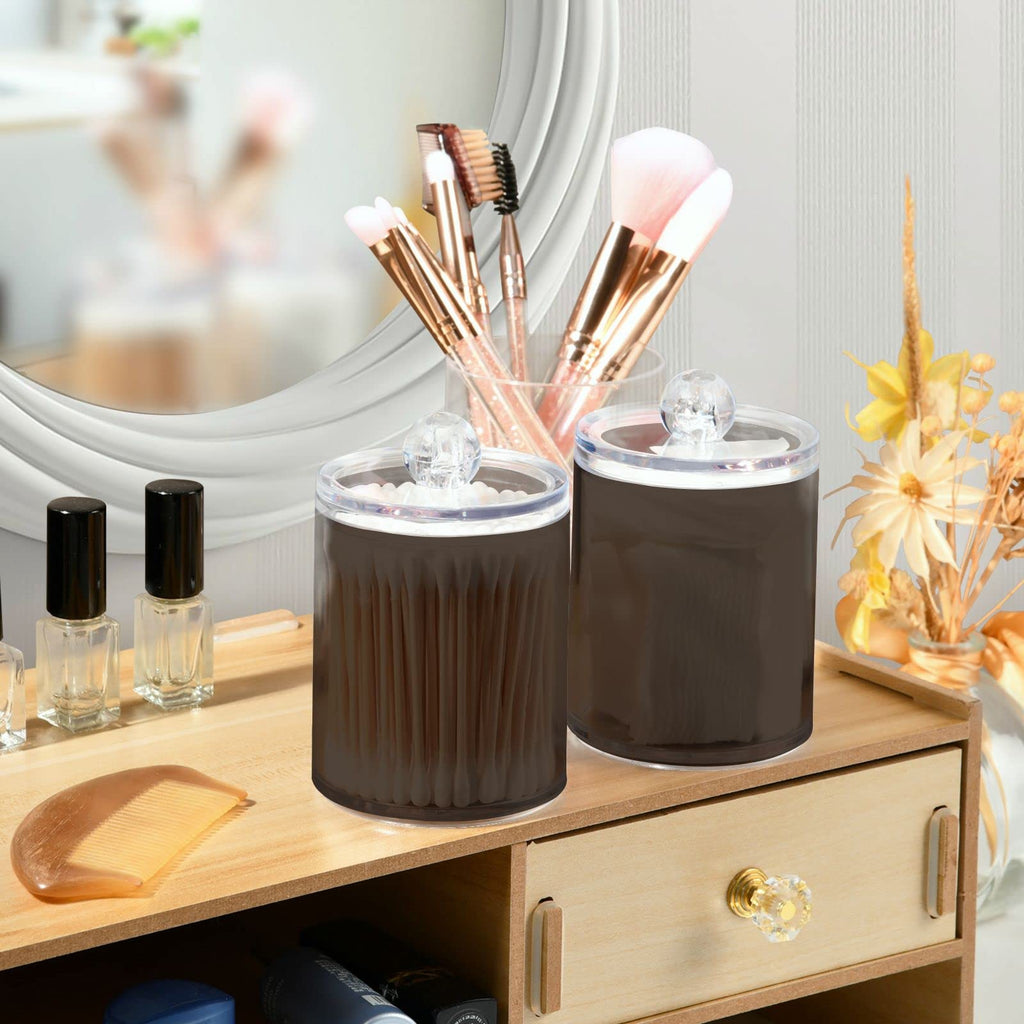 SHJI Brown Qtip Holder Organizer Dispenser Cotton Swabs Cans Plastic Jars with Lid Set 4 Pack Bathroom Storage Canister for Cotton Ball Floss Cotton Pads