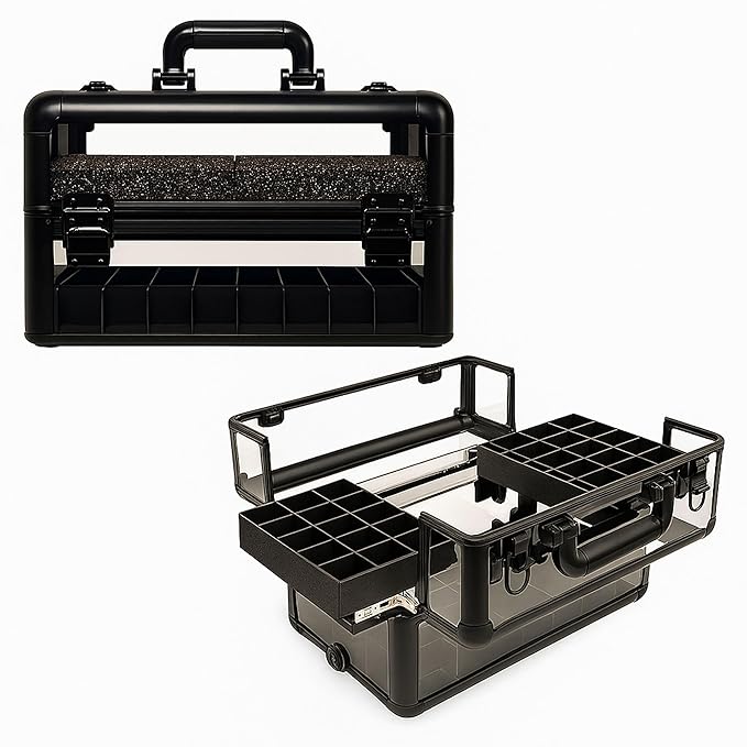 Professional Makeup & Nail Tech Organizer – Clear Acrylic Case, Holds 94 Bottles, Slide-Out Trays, Lockable Latches – Portable Storage for Brushes, Polish, Tools & Cosmetics – Compact & Travel-Ready