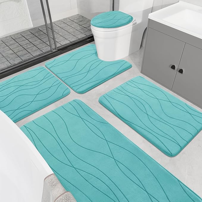 YIHOUSE Bathroom Rugs Set 5 Piece, Memory Foam Bath Mat Teal