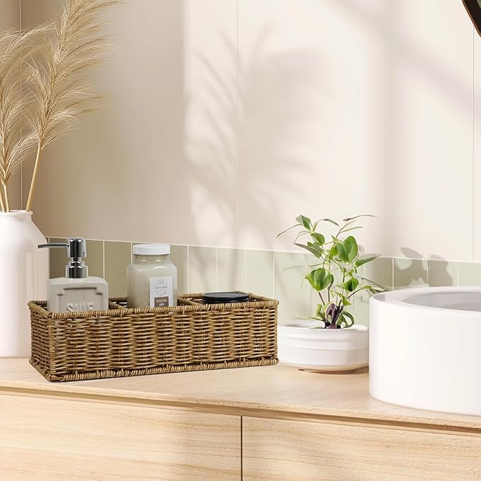 Waterproof Wicker Bathroom Basket with 3 Compartments, Light Brown