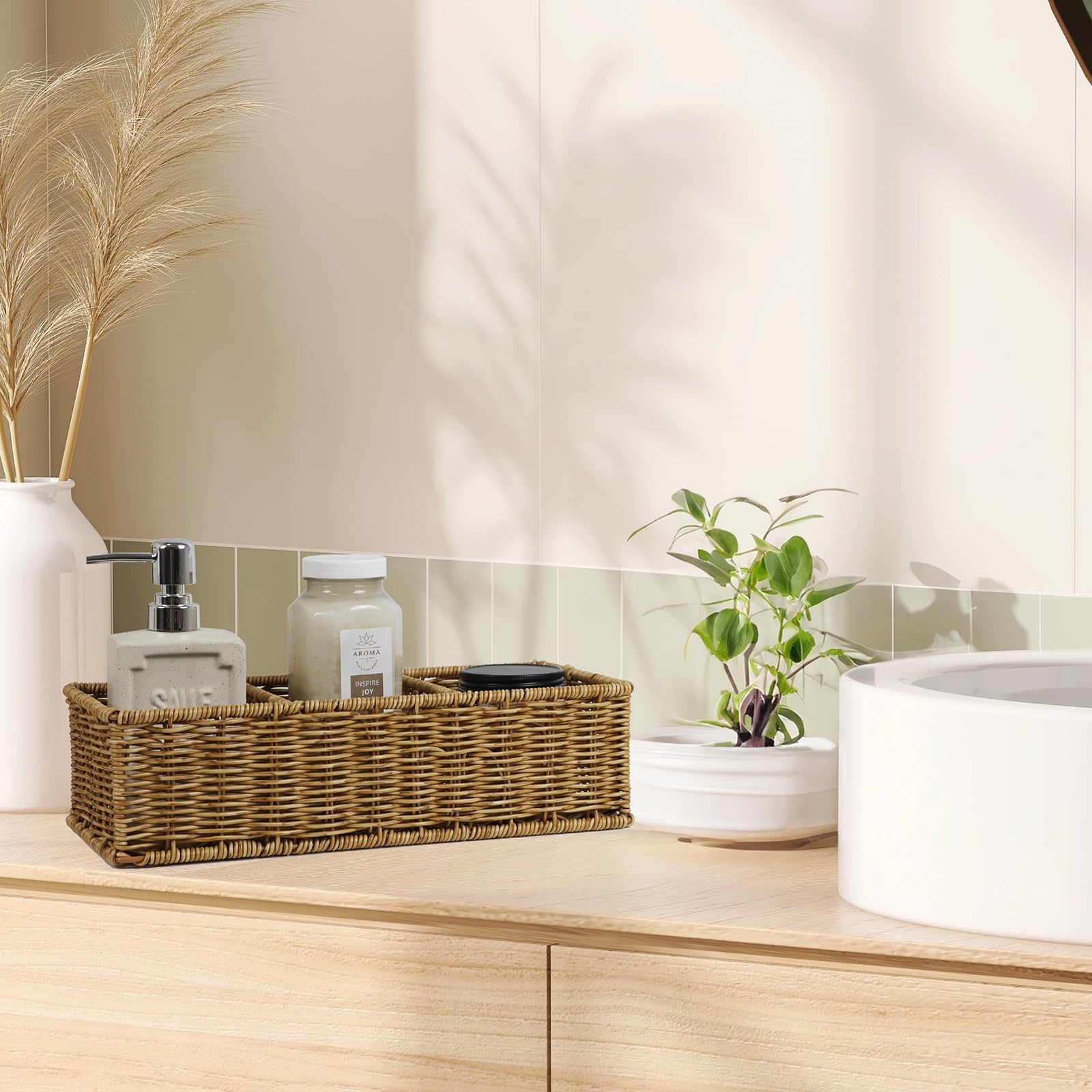 Waterproof Wicker Bathroom Basket with 3 Compartments, Light Brown