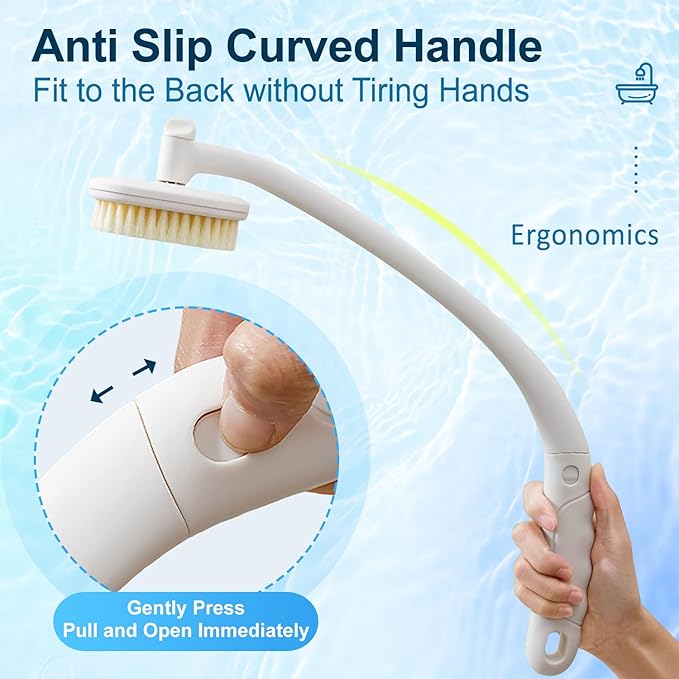 Celestite 20” Long Handle Shower Brush for Body, Back Scrubber for Shower with 3 Pcs Brush Heads, Exfoliation and Improved Skin Health Suitable for Women, Men, Elderly (White)