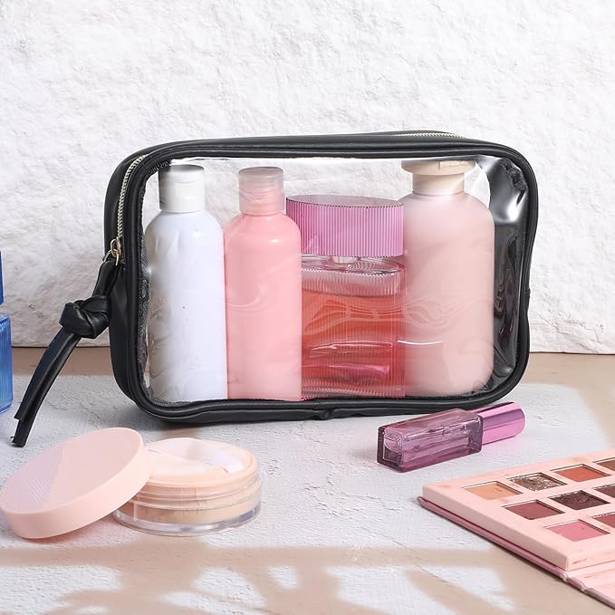 SynHHergyx Clear Makeup Bag, PU Leather Small Toiletry Pouch Portable Travel Makeup Pouch Transparent Waterproof Cosmetic Organizer with Zipper for Women Home Travel Office Cosmetic Storage (Black)