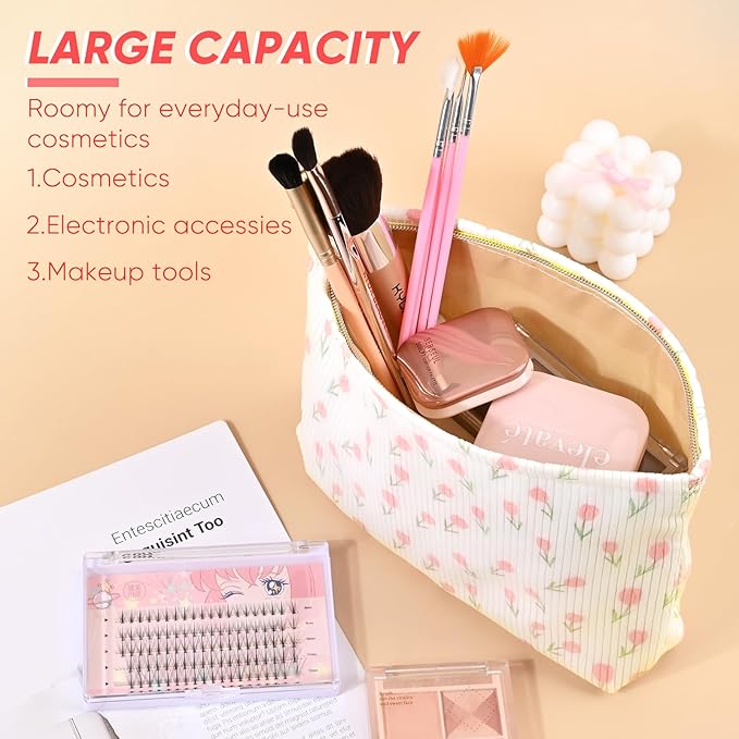 Ksriylm Cute Floral Makeup Pouch for Women Small Make Up Bag for Purse Zipper Initial Makeup Cosmetic Bags Pouches for Purse Aesthetic Travel Toiletry Bags, Pink Rose