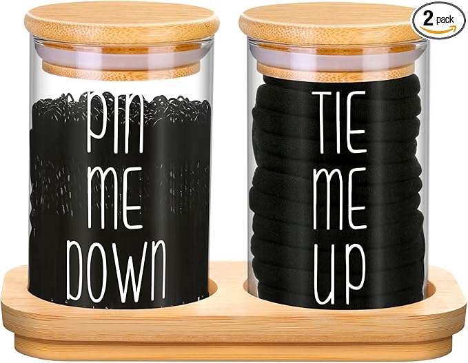 Funny Apothecary Jars 2 Pack Hair Tie Holder Organizers Bathroom Canisters with Tray Bobby Pin Holder Bathroom Jars Accessories Set with Lids for Bathroom décor Farmhouse Bathroom Storage Organization