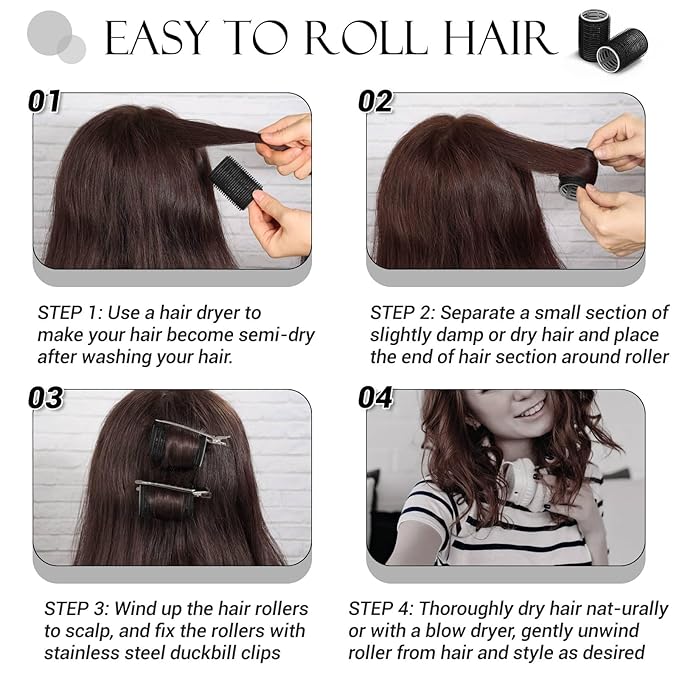 Hair Curlers Rollers, 12Pcs Hair Rollers Hair Curlers Self Grip Holding Rollers with 12 Pcs Hair Clips for Long Medium Short Thick Fine Thin Hair Bangs Volume